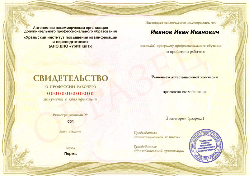 Свидетельство о профессии рабочего (3 разряда)
